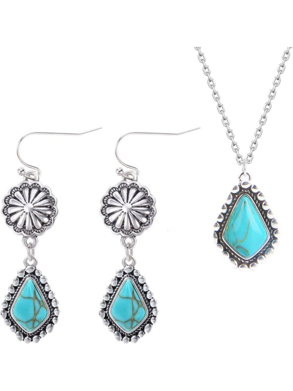 Turquoise Dangle Earrings & Necklace Set for Women, 925 Sterling Silver Boho